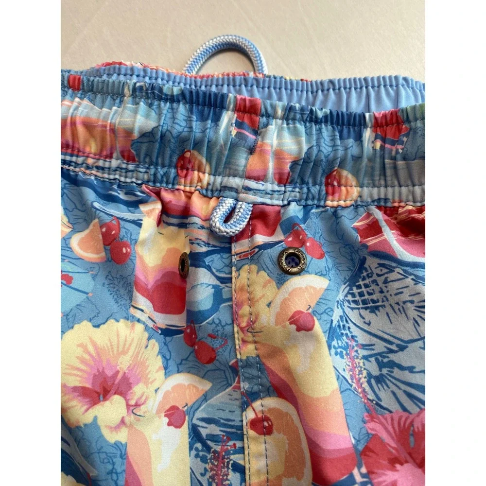 Peter Millar Mens Tropical Cocktail Print Swim Trunks Blue Pink Floral Large